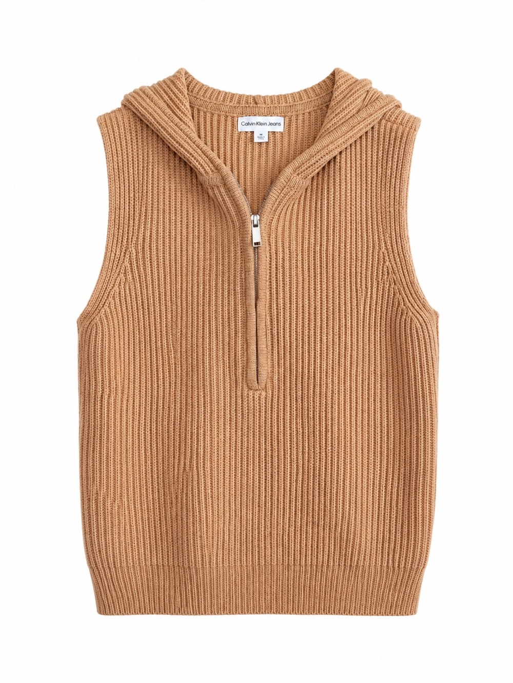 Calvin Klein Jeans Sleeveless Ribbed Knit Hooded Sweater Vest Camel M